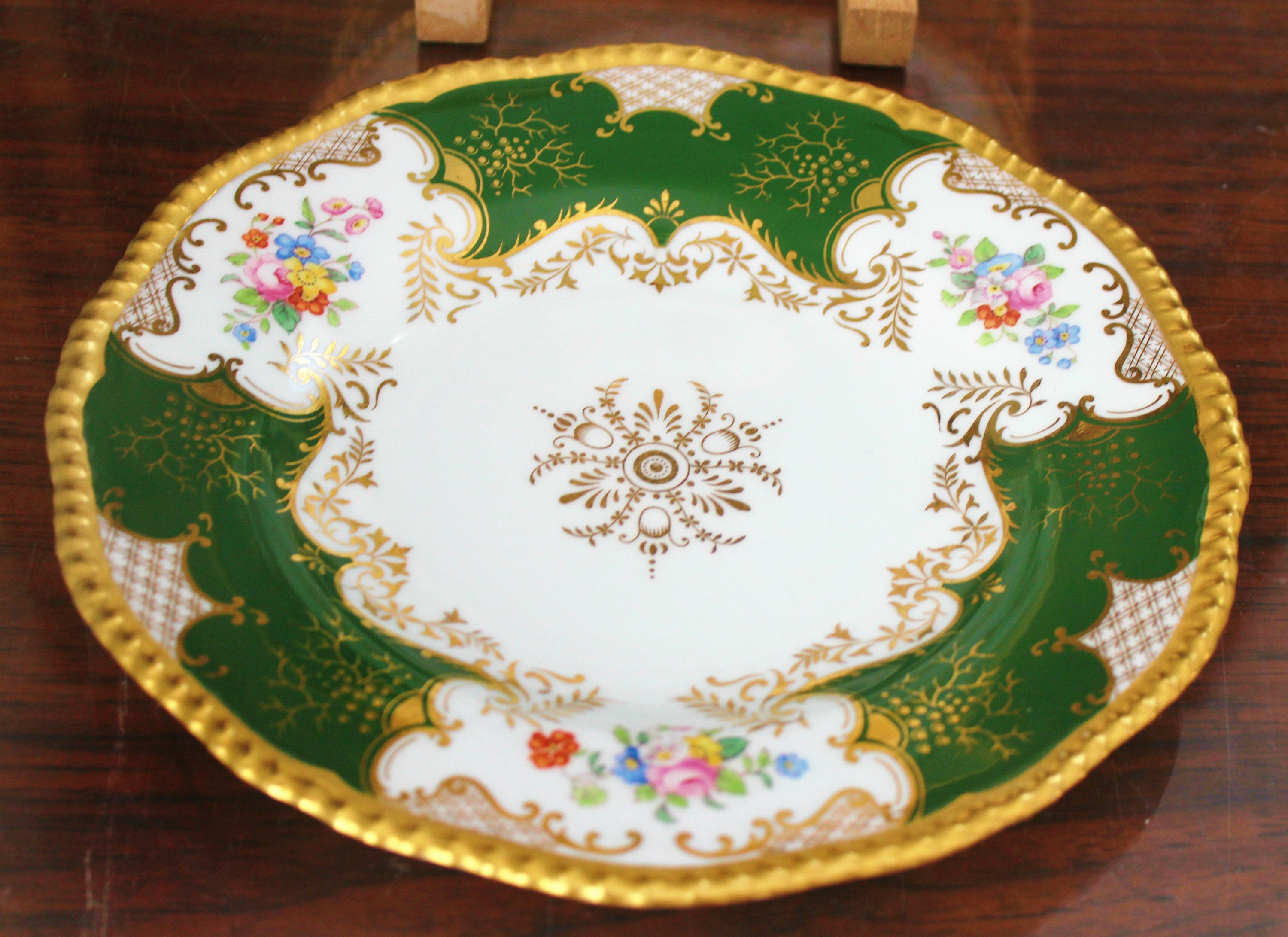 7 Antique English Hand Painted Plates Green Gold Floral by