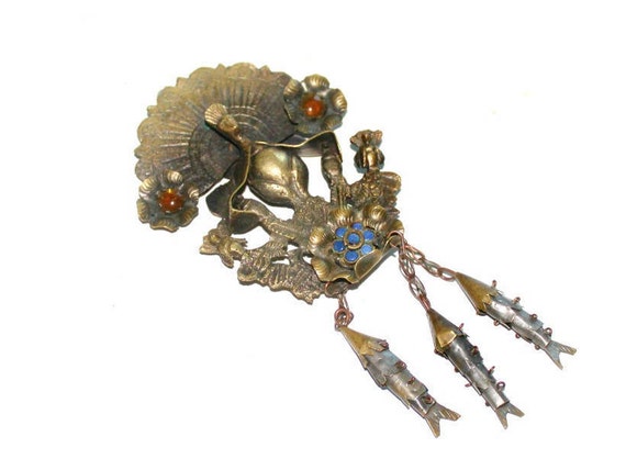 Antique Peruvian Tupu  Peacock Bird w/ Glass  Sto… - image 2