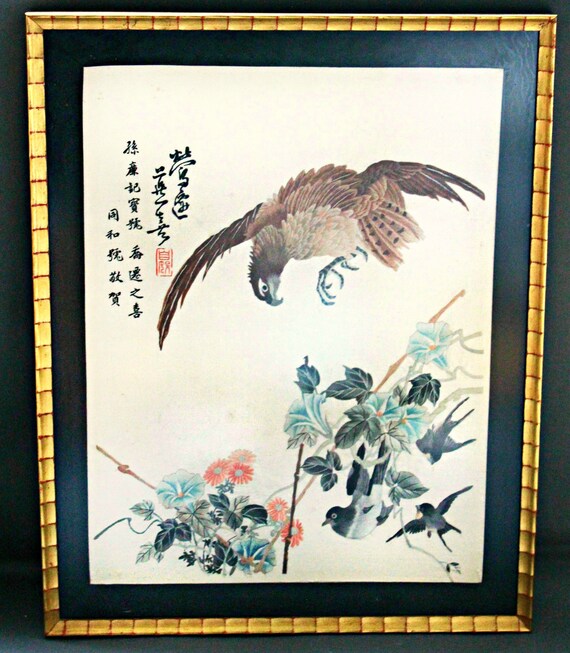 Embroidered silk panel art embroidery Asian-inspired decorative panel birds in a flowering tree