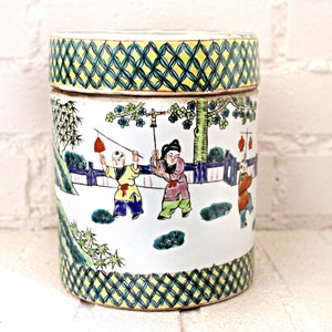 Chinese Tea Caddy Hand Painted Scholars 7&#39;&#39; H x 5.75&#39;&#39;W No Damage