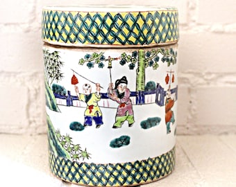 Chinese Tea Caddy Hand Painted Scholars 7'' H x 5.75''W No Damage