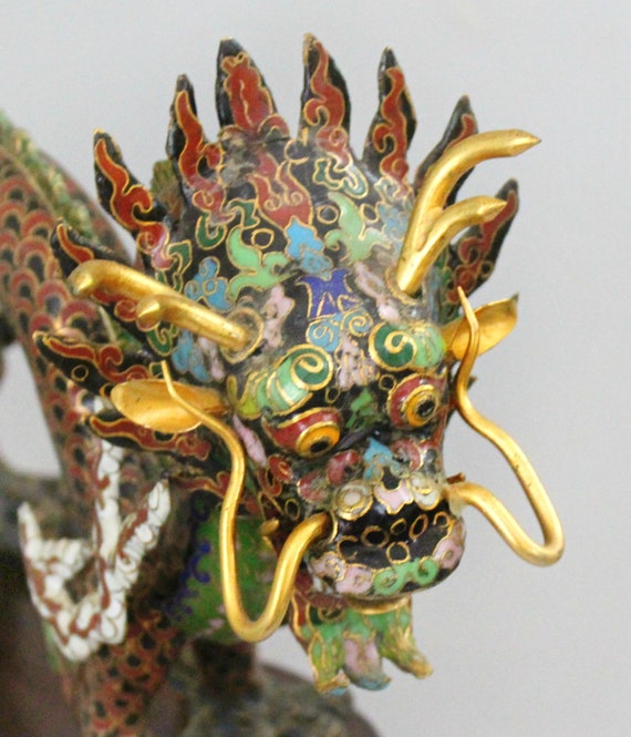 動く頭を持つ中国の七宝焼きの龍の置物 5本の爪の金線 - Etsy 日本