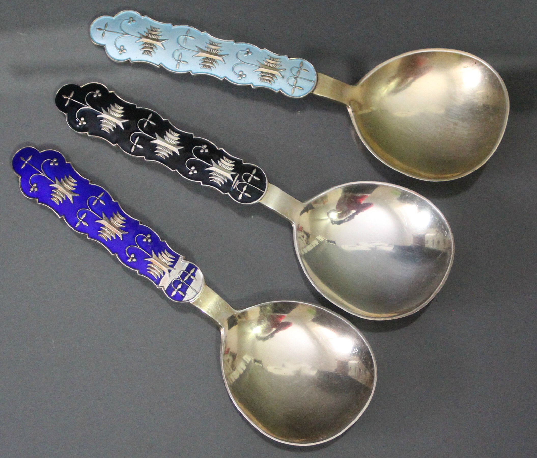 Modern Scandinavia Sterling Silver Tea Spoon Guilloche Enameled J