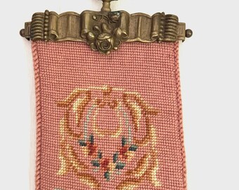 Antique French Floral Needlepoint Panel Floral Pink