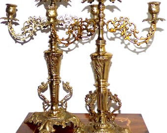 Pair of Vintage Japanese Ornate Solid Brass with Dragons Candelabras Made in Japan