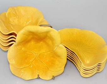 Lote de platos de cerámica amarillos estilo retro con diseño de flor de pensamiento y nenúfar.