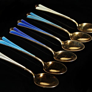 Guilloche Enameled Norwegian Yellow Gold Plated Sterling Silver Demitasse Spoon Set of 6 by David Anderson