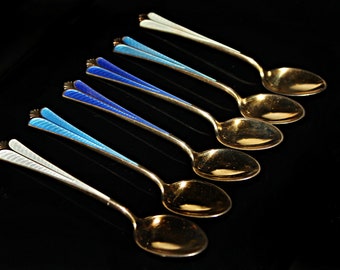 Guilloche Enameled Norwegian Yellow Gold Plated Sterling Silver Demitasse Spoon Set of 6 by David Anderson