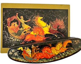 Vintage Russian Folk Lacquer Box Palekh and Card Troika