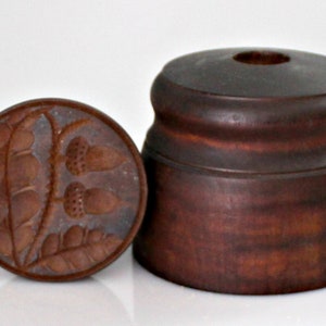 Antique Butter Stamp Mold Deep Carved Oak Leaves and Acorns Ca: 1866  3.5&#39;&#39; Diameter Germany Large Carved Wood Butter Mold Plunger Cup