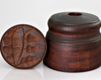 Antique Butter Stamp Mold Deep Carved Oak Leaves and Acorns Ca: 1866  3.5'' Diameter Germany Large Carved Wood Butter Mold Plunger Cup