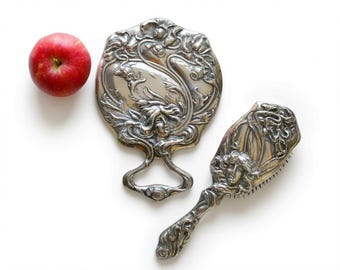 Antique Sterling Art Nouveau Mirror and Brush Kerr’s American Beauty series