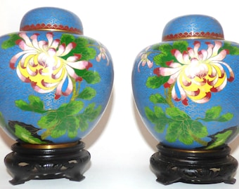 Pair of Vintage Chinese Blue Cloisonne Vases - Marriage Cloisonne  Vases  20th Century