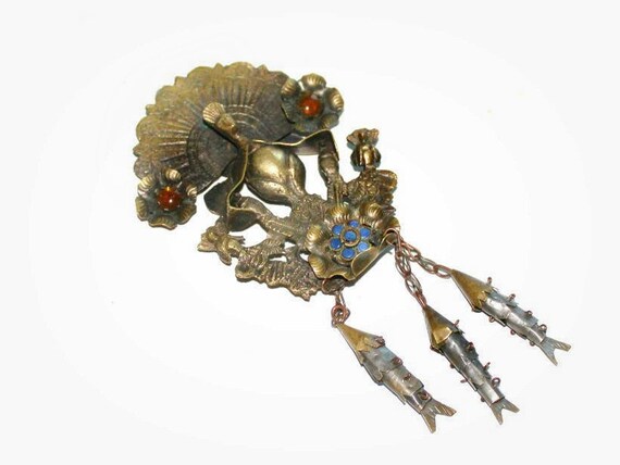 Antique Peruvian Tupu  Peacock Bird w/ Glass  Sto… - image 1