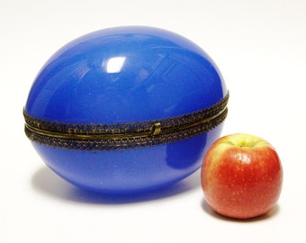 Antique French Blue Opaline Glass Egg Shaped Box Large Hand Blown