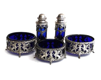 Antique Siver Cobalt Blue Glass Liner Salt Cellars Pepper Shakers Set Urn Griffins Cherubs
