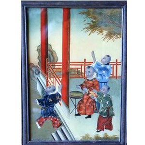 Antique Chinese Reverse Painting On Glass Scholars 15&#39;&#39; x 22&#39;&#39;