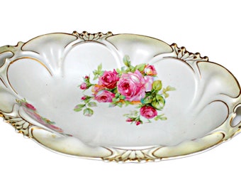 Antique VICTORIA AUSTRIA Porcelain Bowl China Floral Pink Roses 14'' 19th / 20th Century