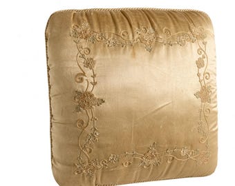 Antique Boudoir Pillow Gold Silk Forbidden Stitch Embroidery