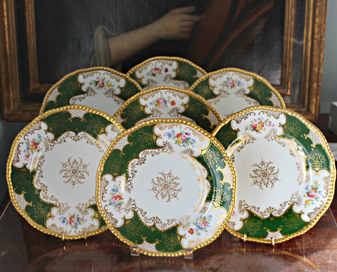7 Antique English Hand Painted Plates Green Gold Floral by