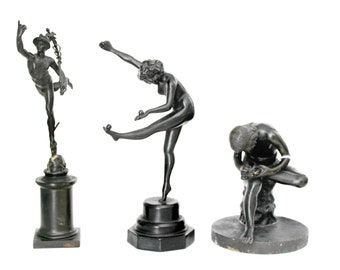 Antique Bronze Figurines Set  Spinario The Boy with a Thorn, Nude Woman ,Flying Mercury Ca 1890's