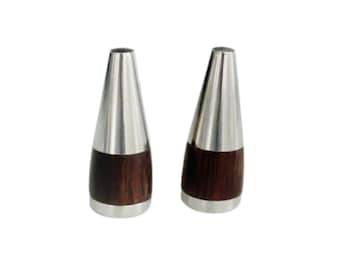 Mid Century Denmark Stainless Steel on Rosewood Modernist Salt and Pepper Shakers