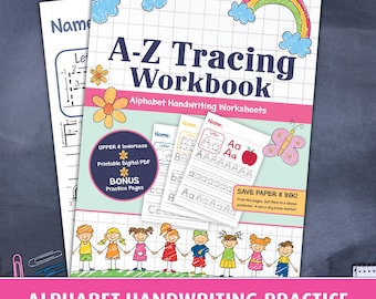 Quaderno di lavoro stampabile per tracciare l'alfabeto / Esercizi sulle lettere dalla A alla Z / Scrittura a mano in formato PDF per bambini in età prescolare / Schede di attività didattiche per bambini