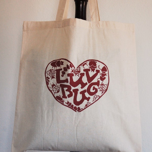 Valentine's Day Screen Print Tote Bag // Original "Luv Bug" Design // Cotton, Reusable  // Pink, Red, Black, Green Ink // One Side Print