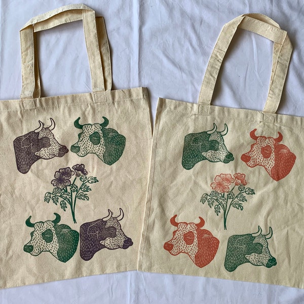 Block Print Pattern Tote Bag // Original "Cowss" Stamp Design // Cotton Canvas Tote // Peach, Green, Purple Inks // Hand Carved Lino Cut //