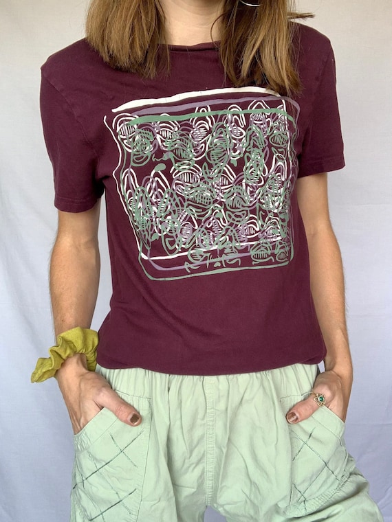 Original "Melted" Screen Print Pattern Stencil Design // Size XSmall // Thrifted H&M Brand Crew Neck Tee // White, Purple, Green Ink //