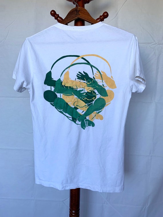 Thrifted Screen Print Tee // Size Small // Original "Caring" Design // Yellow and Green Ink // White Crewneck Pocket Tee // J.Crew Brand //