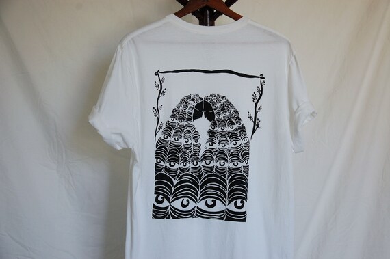 Thrifted Fruit of the Loom Brand Basic White Tee // Original "Emulsive" Screen Print Design on Back // Size XLarge // Black Ink // Crew Neck
