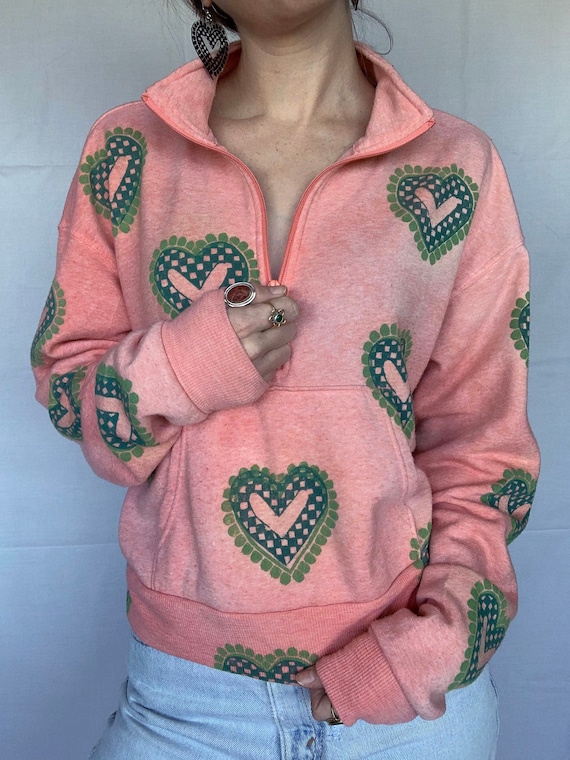 Thrifted Block Print Pull Over // Size Medium // Original "Checkered Heart" Stamp Sleeve Design // Jade and Lime Green Ink // Salmon Pink
