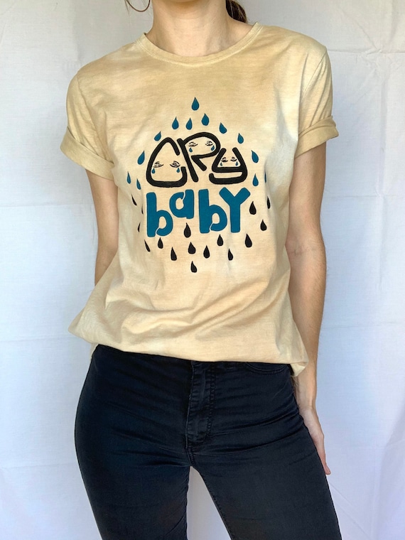 Thrifted Screen Print T-Shirt // Size Large // Original "Cry Baby" Stencil Design // Natural Onion Dyed Crew Neck // Blue & Black Ink //