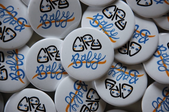 Original "Cry Baby" Illustration Design Print Pin Button // Blue, Yellow, Black on White Background // 1.5" x 1.5" Circle Pin // Steel Back