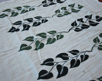 Original Vine Stencil Screen Print Design // White Cotton Tea Towel // Light and Dark Green Ink //  28" x 28" // Pothos Plant Leaves //