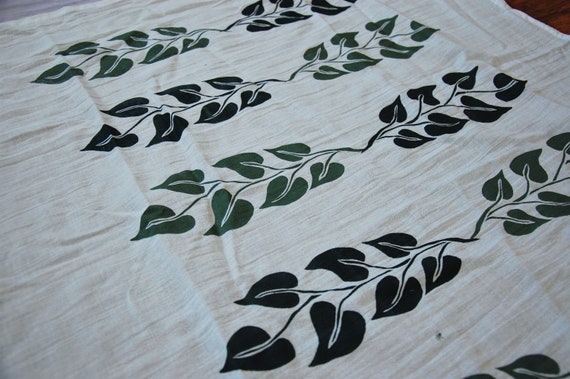 Original Vine Stencil Screen Print Design // White Cotton Tea Towel // Light and Dark Green Ink //  28" x 28" // Pothos Plant Leaves //