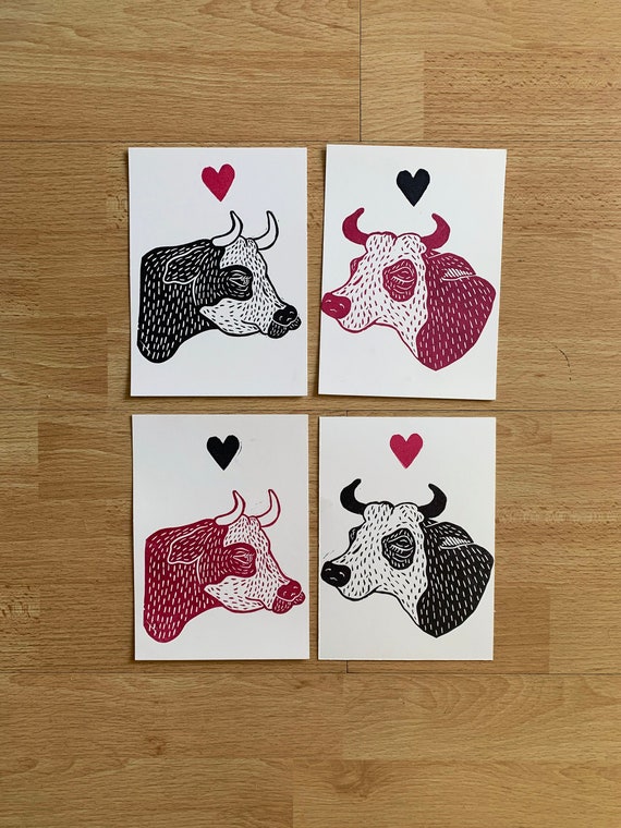 Block Print Wall Art // Original Hand Carved Designs // 5 x 7 // "Cowss" with heart Stamp // Valentine's Day Prints