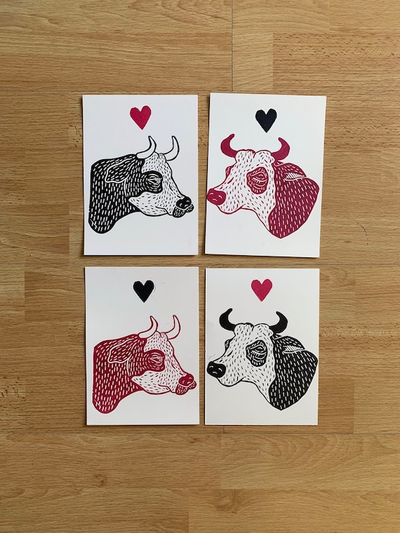 Block Print Wall Art // Original Hand Carved Designs // 5 x 7 // "Cowss" with heart Stamp // Valentine's Day Prints