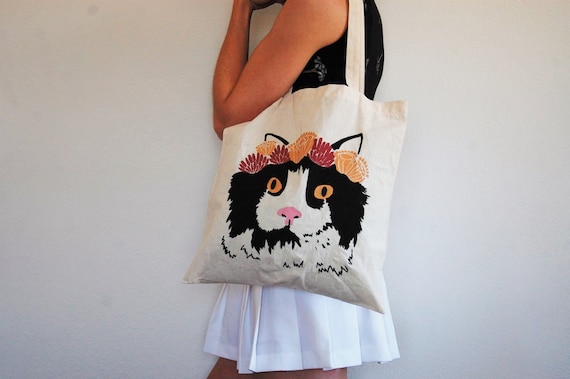 Canvas Tote Bag With Original "Spike" Screen Print Design  on One Side // Cat Kitten Animal Print // Black, Pink, Yellow Ink // Reusable Bag