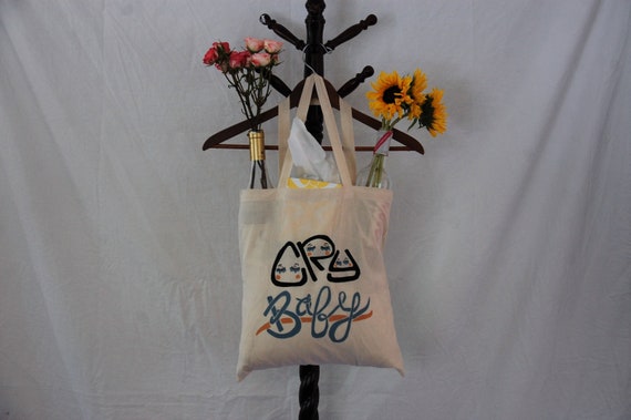 Canvas Tote Bag With Original "Cry Baby" Screen Print Design in Blue, Black, and Yellow Ink on One Side // Reusable Bag // Grocery Bag //