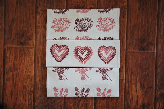 Valentine's Day Block Print Tote Bags // Original Pattern Designs // Canvas Tote Bag // Pink, Red Ink  // One Side Print // Heart Florals /