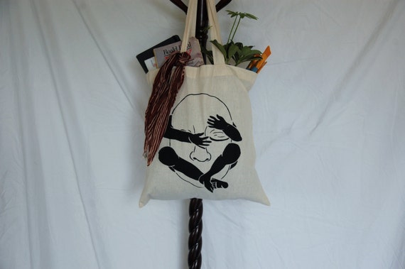 Canvas Tote Bag With Original "Caring" Screen Print Design in Black Ink on One Side