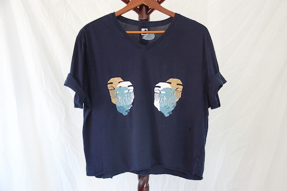 Thrifted Screen Print Tee // Size Large // Original "No Touching" Print Design //  Navy Blue V-Neck  // Yellow, White, and Blue Ink //