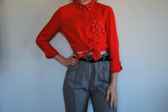 Valentine's Day Button Up // Block Print Heart Pattern Collar and Pocket // Size Small // Thrifted Collared Shirt // Black, White Ink //