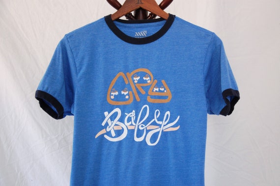 Thrifted Screen Print Ringer Tee // Size Large // Original "Cry Baby" Screen Print Design // Old Navy Brand // White & Yellow Ink // Graphic