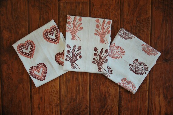 Valentine's Day Tea Towels // Original Block Print Pattern Designs // White Cotton Tea Towel // Pink and Red Ink // 28" x 28" // Retro Heart