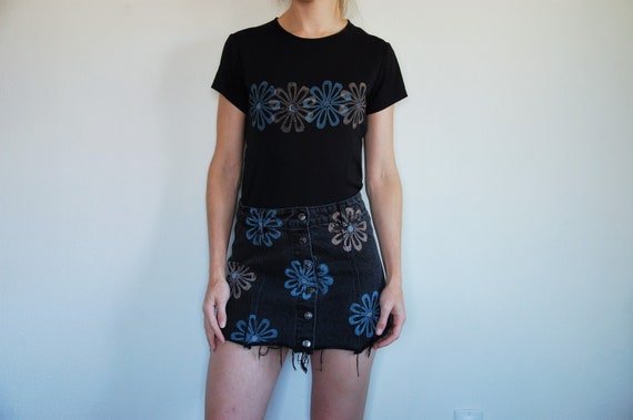 Thrifted Block Print Original "Power" Pattern Design // Black Denim Button Up Skirt // Size 26 // Small // Flower Print // Blue & Yellow Ink