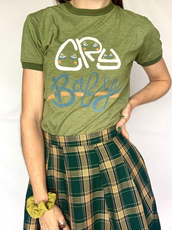 Thrifted Screen Print Crew Neck Ringer Tee // Size X Small // Original "Cry Baby" Screen Print Design // Foot Locker // Blue, White, Yellow