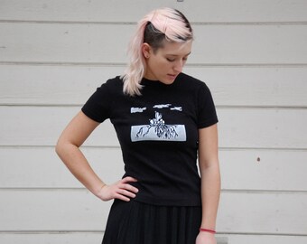 Thrifted Hennes H&M Brand Sweater Tee // Original "Rooted" Screen Print on the Front in White Ink // Size Small // Black